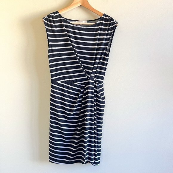 LOFT Ann Taylor Black white Striped Dress Side Knot Womens Size S‎ Petite Work - Picture 1 of 7